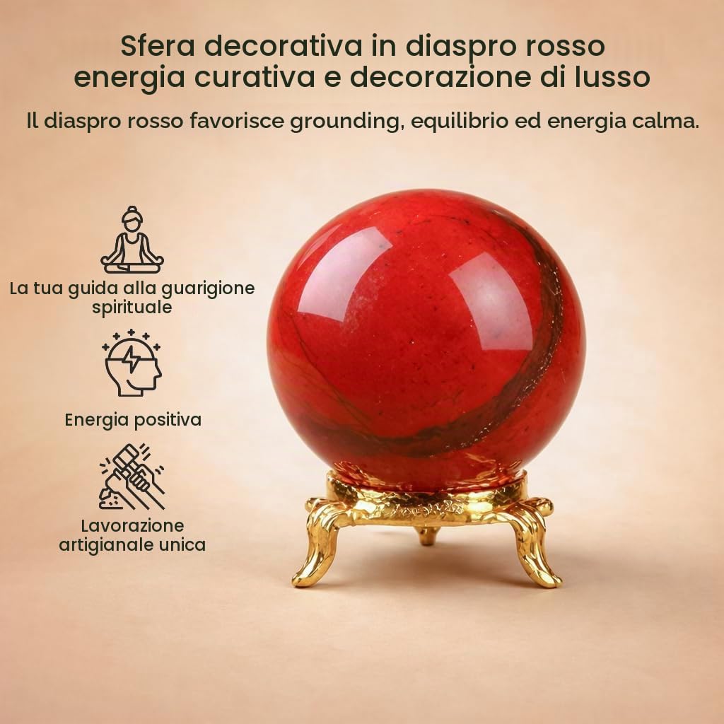 Crocon Sfera di cristallo di diaspro rosso con sfera di pietre preziose con supporto Sfera curativa Scultura Figurina per Fengshui Divinazione Decorazione per la casa Fotografia Dimensioni: 50-60mm