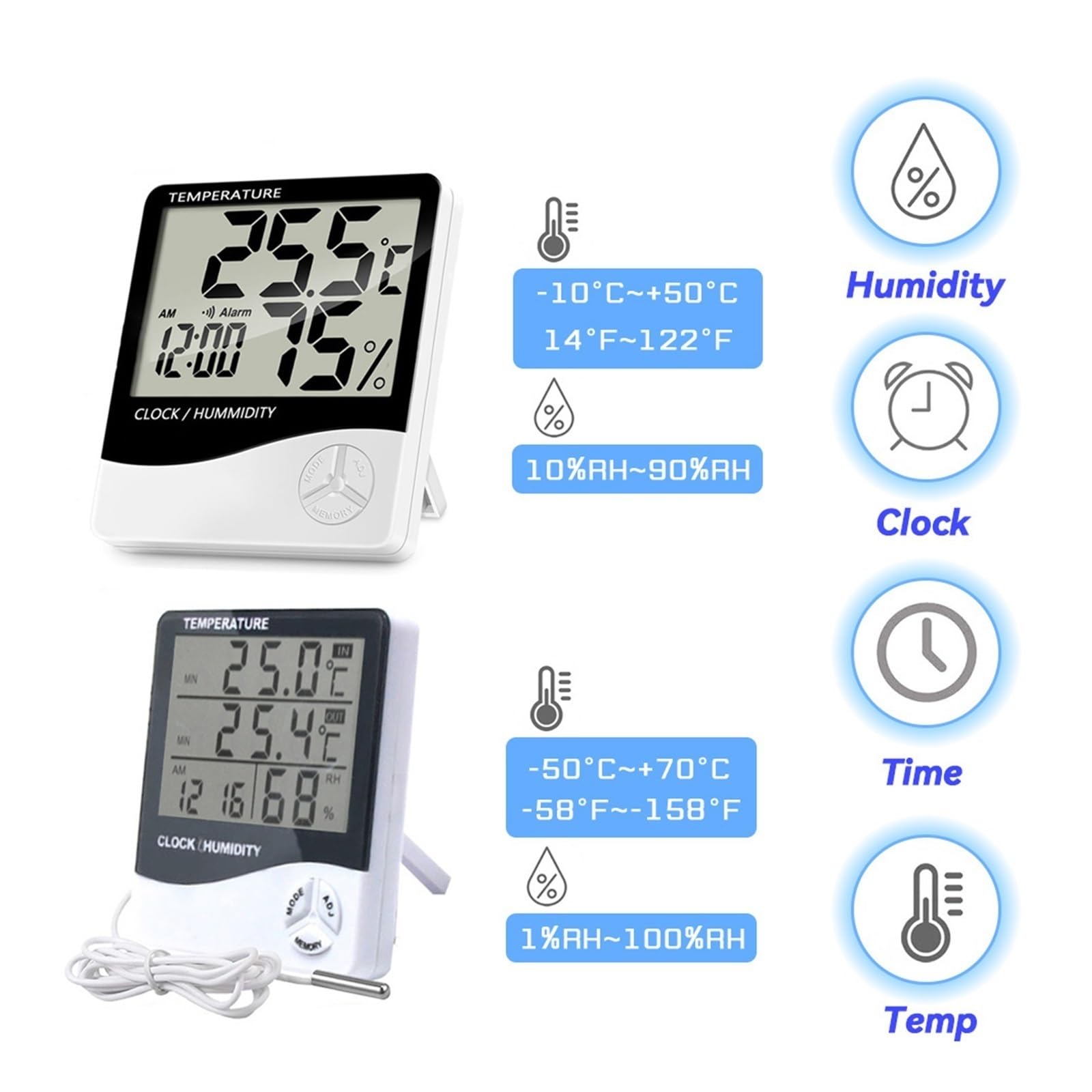 LCD Elektroniczny cyfrowy miernik temperatury i wilgotności Kryty termometr zewnętrzny Higrometr Stacja pogodowa Zegar, 1