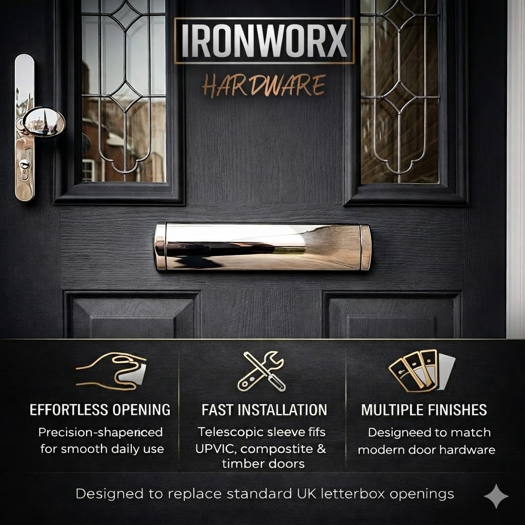 IRONWORX® Enigma Boîte aux lettres en métal chromé poli de 30,5 cm – Entièrement étanche aux intempéries, ouverture à 180°, facile à installer, design moderne ultra durable, compatible avec portes en