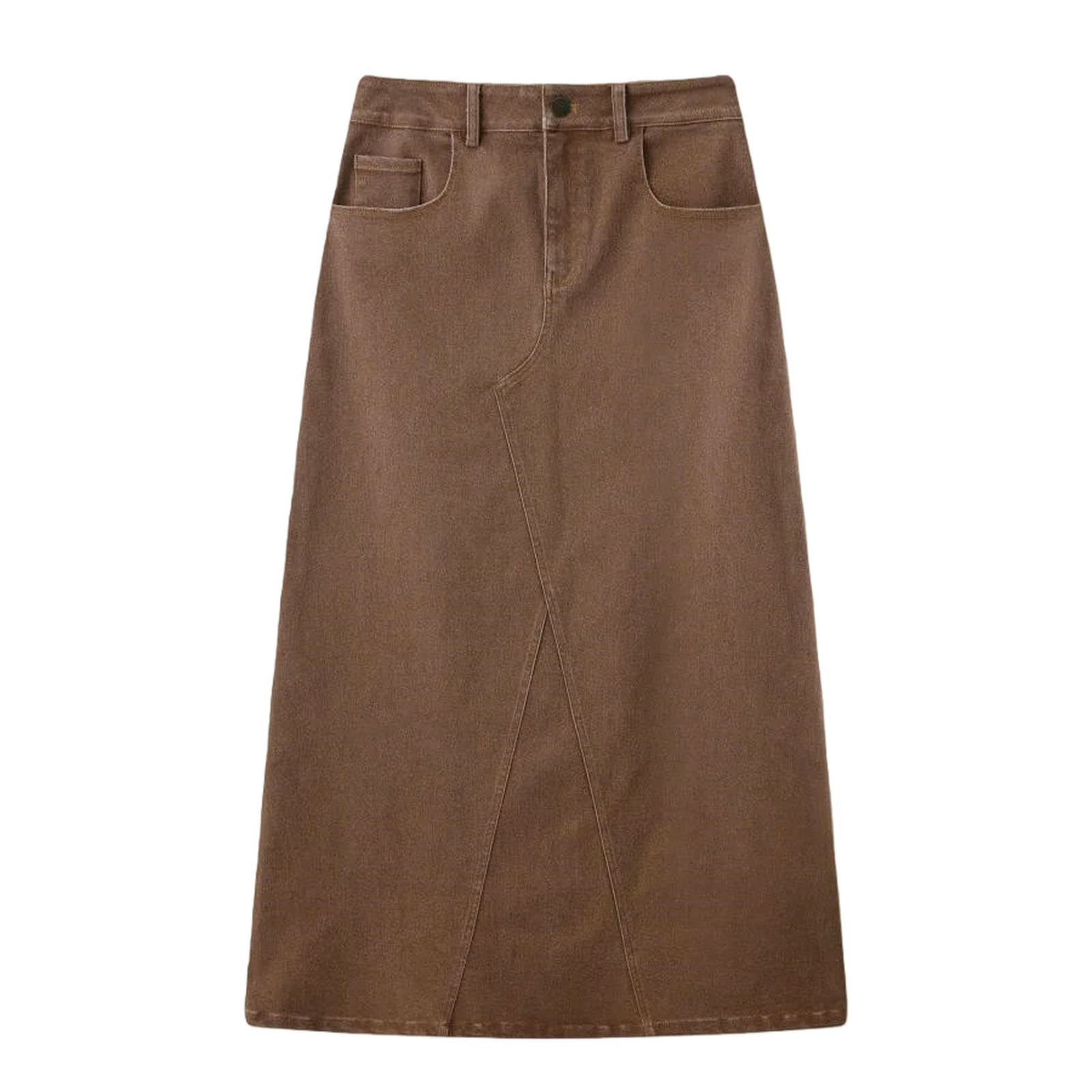 Langer Rock Damen Frau Elastischer Denim Mode Dame Tragen Stoff Mit Stretch (Taille Breit Kann Zu 2-3cm Sein)-Brown-xs