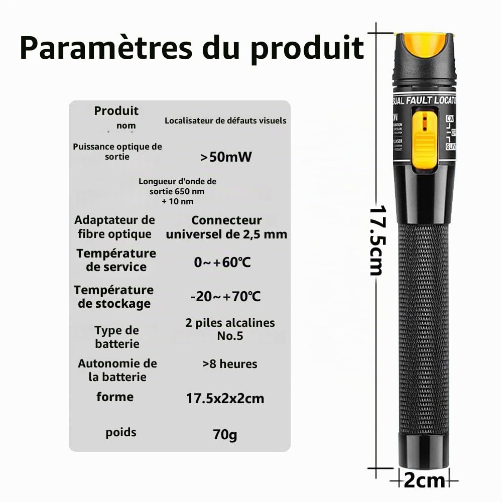 Testeur de Fibre Optique 50MW FTTH, Localisateur visuel de défauts de Type Stylo avec Adaptateur FC-LC, Lumière Rouge, Testeur de Câble 50Km (Jaune)