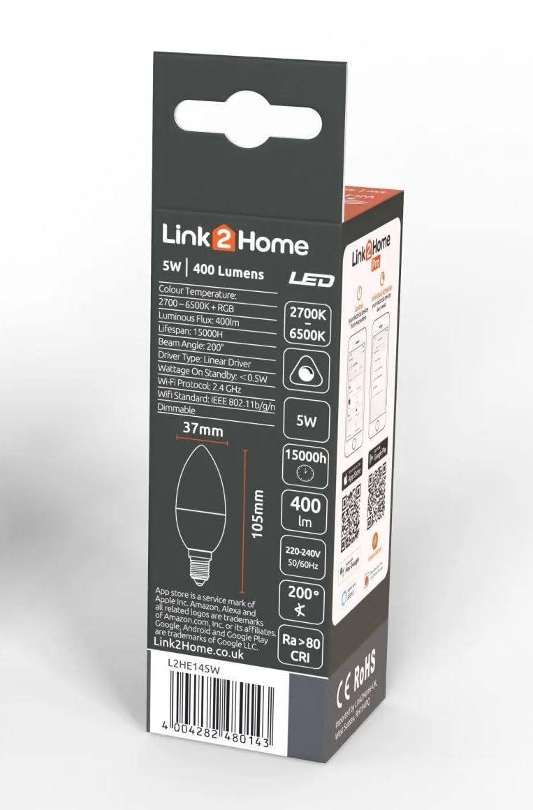 Link2Home E14/40 W ekwiwalentna lampa Wi-Fi LED, inteligentna żarówka z RGB wielokolorowymi ustawieniami – możliwość przyciemniania za pomocą Alexa i Google