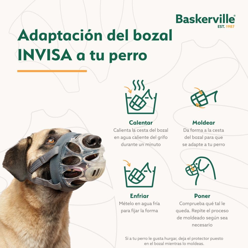 BOZAL BASKERVILLE INVISA - Diseño respetuoso patentado y seguro. Permite jadear y beber, ajustable y acolchado, adiestramiento para perros pequeños, impide morder y hurgar comida (Talla 1)