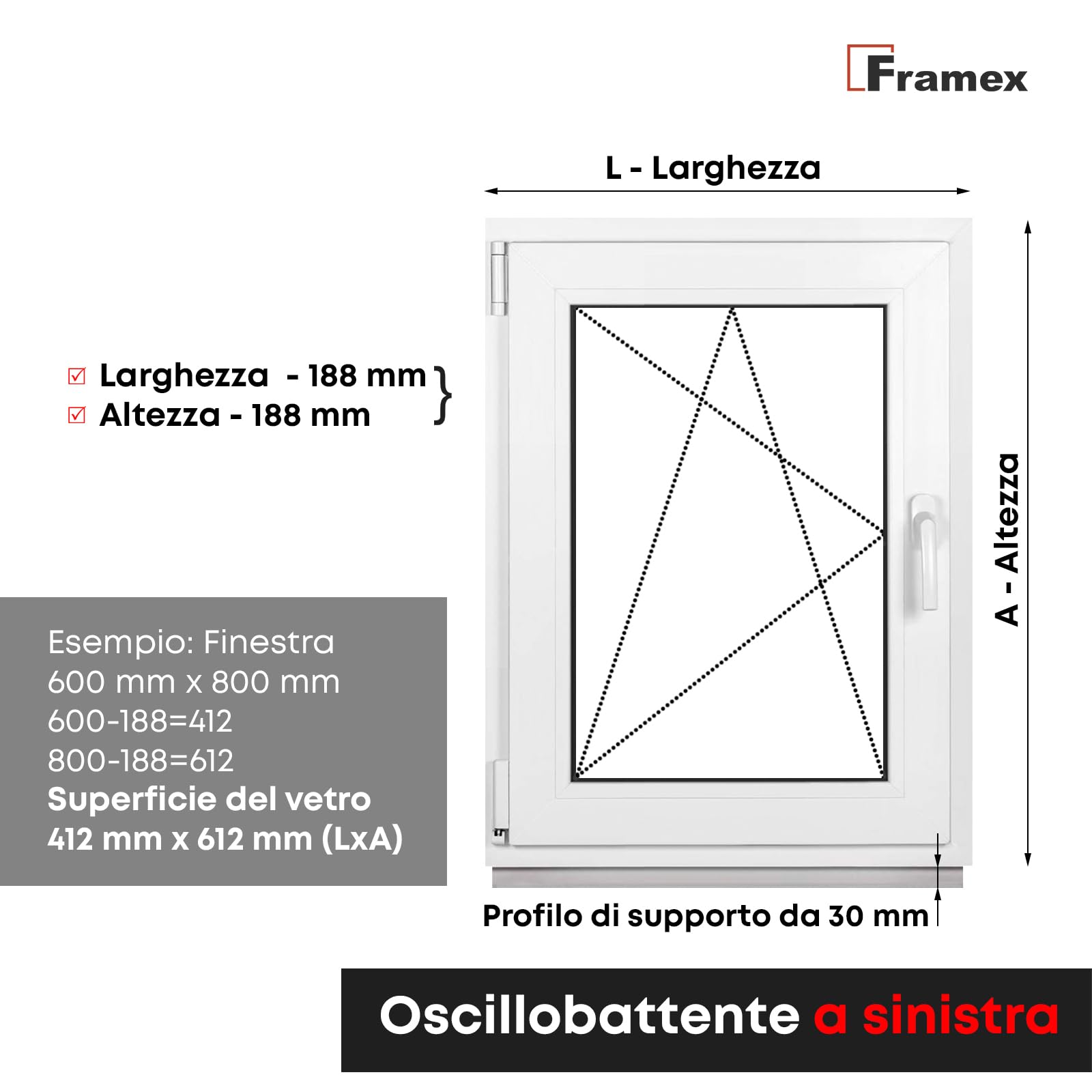Framex Finestra in Plastica Bianca Larghezza x Altezza 85 x 55 cm (850 x 550 mm) Doppi Vetri (32 mm), Anta-Ribalta, Girevole DIN Sinistra – Premium