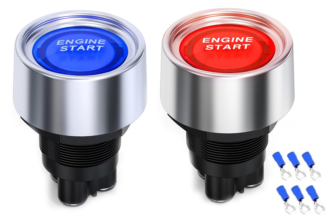 KWSLIN 2 Pack Momentary Start Engine Button, 12VDC 50A Engine Start Ignition Switch 3 Pin Spst Push Button Starter Momentary Push Switch for Racing Sport Cars Trucks RV Marine, Red + Blue