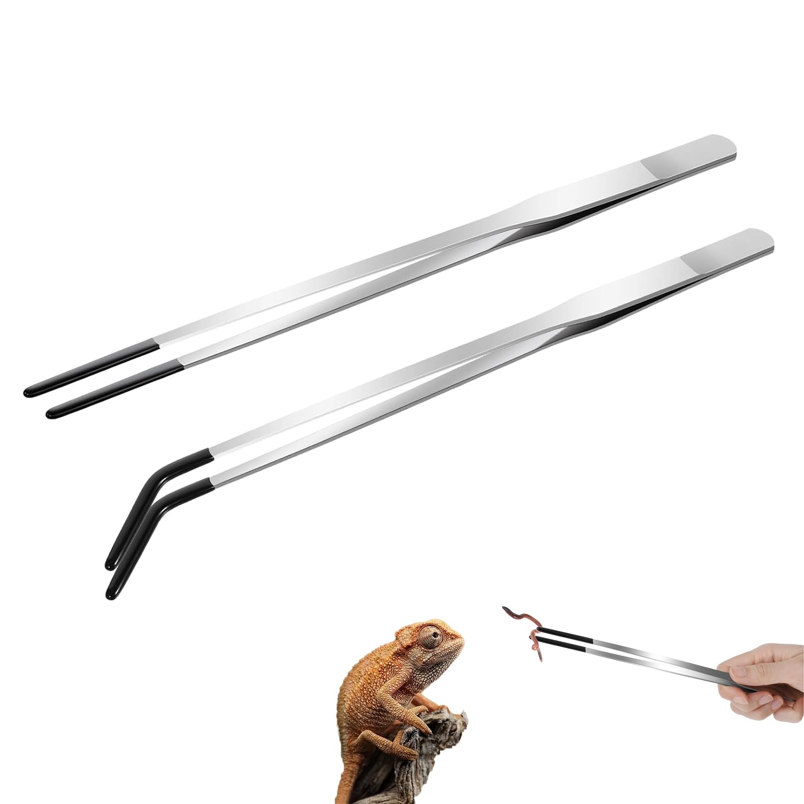 Toumett 2 Pcs Reptile Feeding Tongs,Aquarium Tweezers,10.6" Extra Long Stainless Steel Feeder Tweezers with Rubber Tips,Straight and Curved Tweezer,Terrarium Feeder Tools Accessories,Lizards Feeders