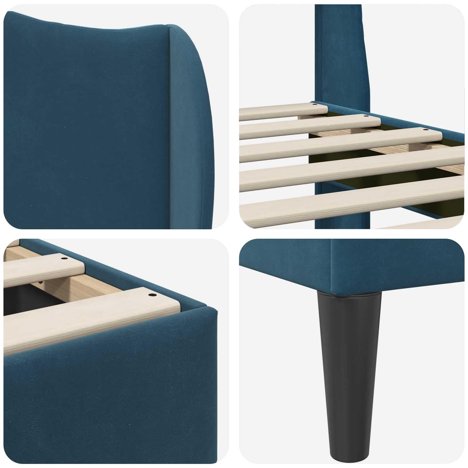 Rama de cama con cabecero azul 100 x 200 cm terciopelo moderno estructura somier fijo patas cónicas soporte 140 kg dormitorio elegante