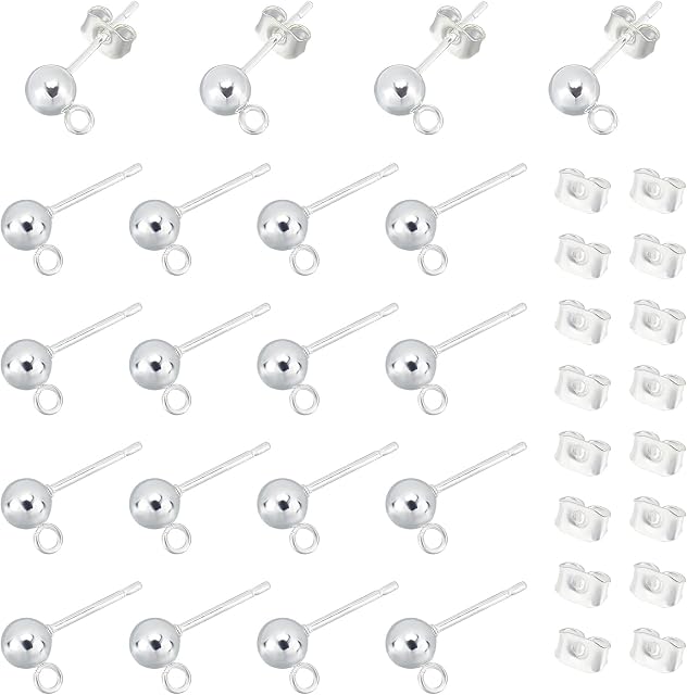 UNICRAFTALE 20pcs 5mm Silver Ball Stud Earrings Stainless Steel Earring Post Ear Stud with Earring Backs Earring Findings for DIY Jewellery Making, Pin 0.8mm