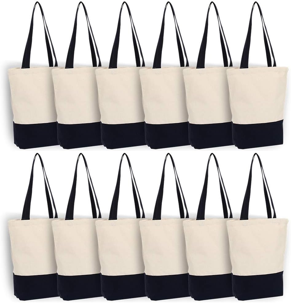 AzucaAzuca Canvas Bags Heavy Duty 12 oz with Bottom Gusset Grocery Beach Shopping Bag 17x14x4 Inches (Dark Blue - 12 Pack)