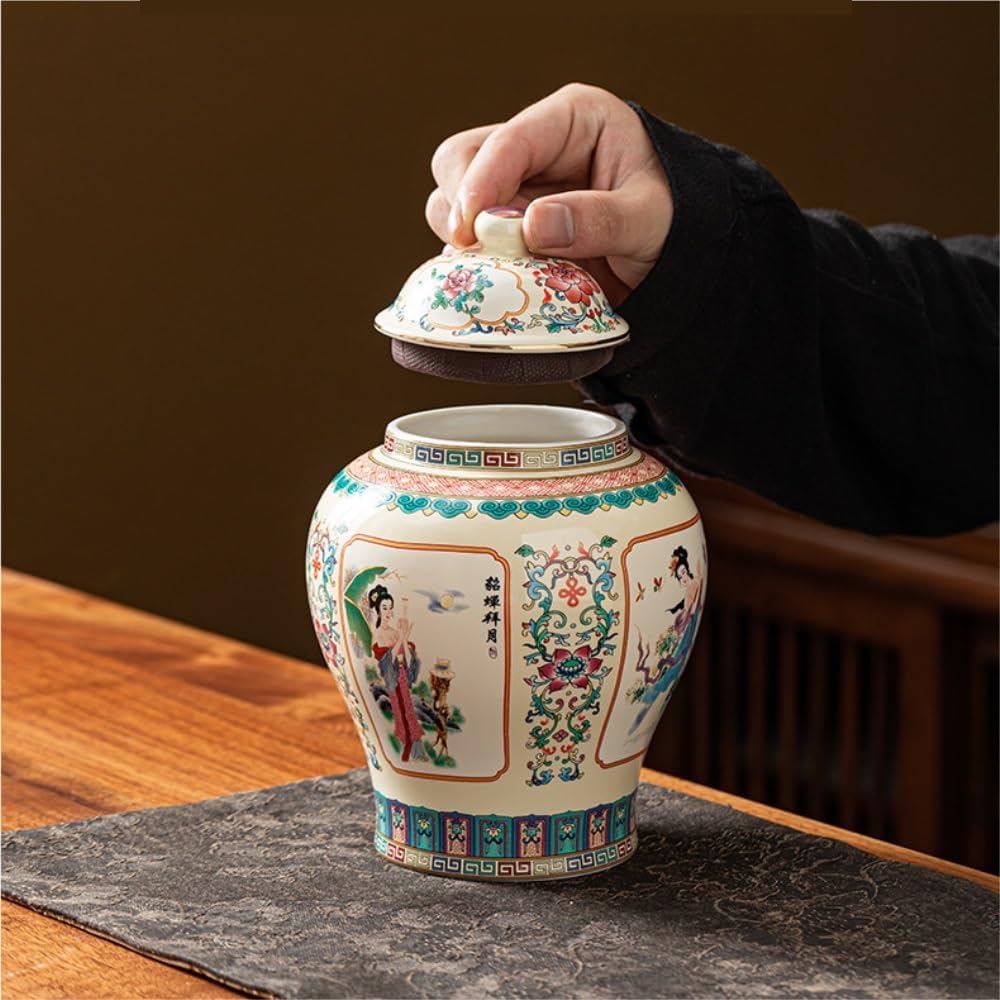 SONGCHAO Sugar Jar Enamel Pottery Bulk Tea Storage Jar Household Round Sealed Chinese Set Single Gift Box Tea Canister(A)