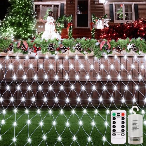 echosari Battery Operated Net Lights, 6.6 x 9.8Ft 200 LED Christmas Net Lights with 8 Mode Timer Remote, Dimmable Mesh Lightings for Bushes Garden Patio Fence Wall Decor (Cool White)