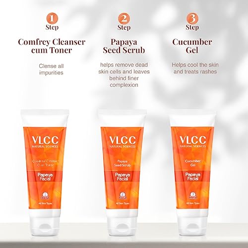 Miniatura 5 de VLCC Kit facial de fruta de papaya – Multiuso | Facial como salón en solo 6 pasos | Incluye limpiador, exfoliante, crema, paquete facial, geles