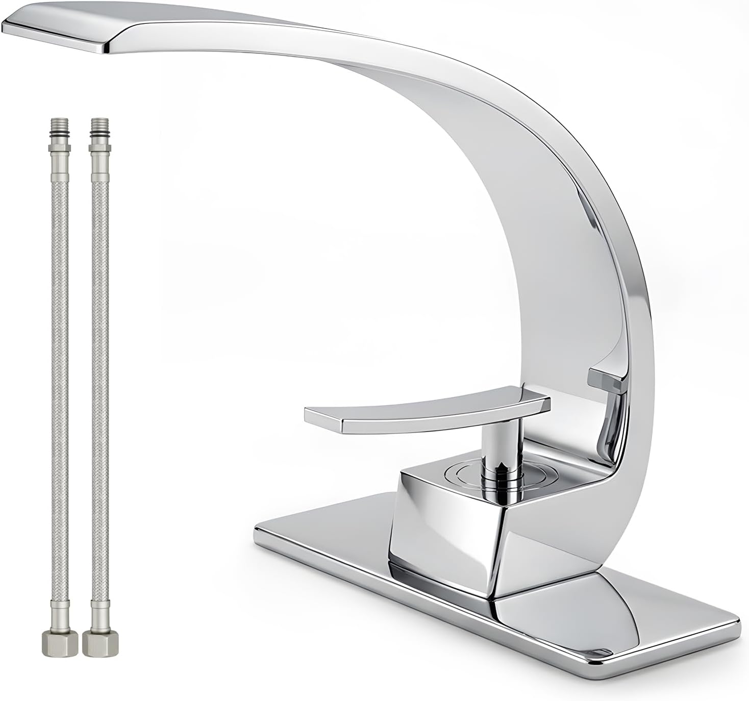 Bathroom Sink Faucet Modern Single Hole 1-Handle Faucet, Chrome Solid Brass Faucets, Mount Curved Lavatory Faucets Mixer Tap
