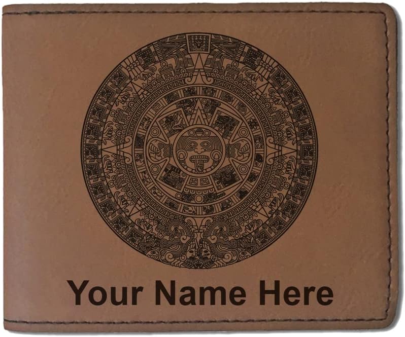 LaserGram Faux Leather Bi-Fold Wallet, Aztec Calendar, Personalized Engraving Included (Dark Brown)
