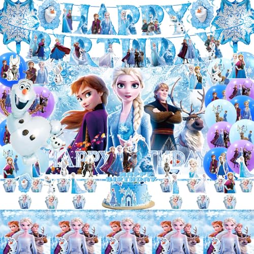 Snow Birthday Party Supplies Decorations Including Backdrop Birthday Banner Balloons Tablecloth Hanging Swirls Cake Toppers for Snow Party