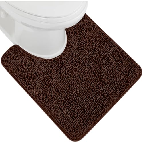 Gorilla Grip Plush Absorbent Shaggy Chenille Bath Rug Mat for Toilet Base with Rubber Backing, Machine Washable, Microfiber Bathroom Contour Mats for Toilets, Bath Room Decor, Oval, 22.5x19.5, Brown