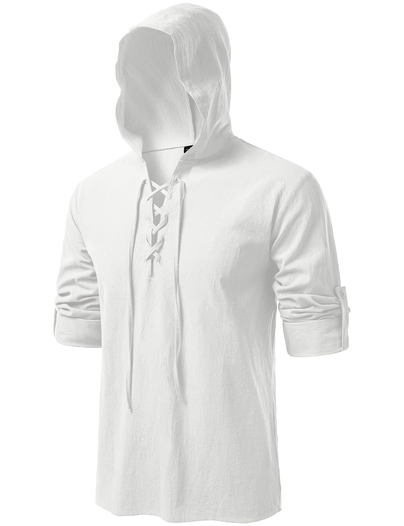 JEMITOP Men's Retro Style Renaissance Costume Roll Up Long Sleeve Lace Up Hooded Shirts for Pirate Viking Medieval Halloween Cosplay Clothing Ivory White XXXL