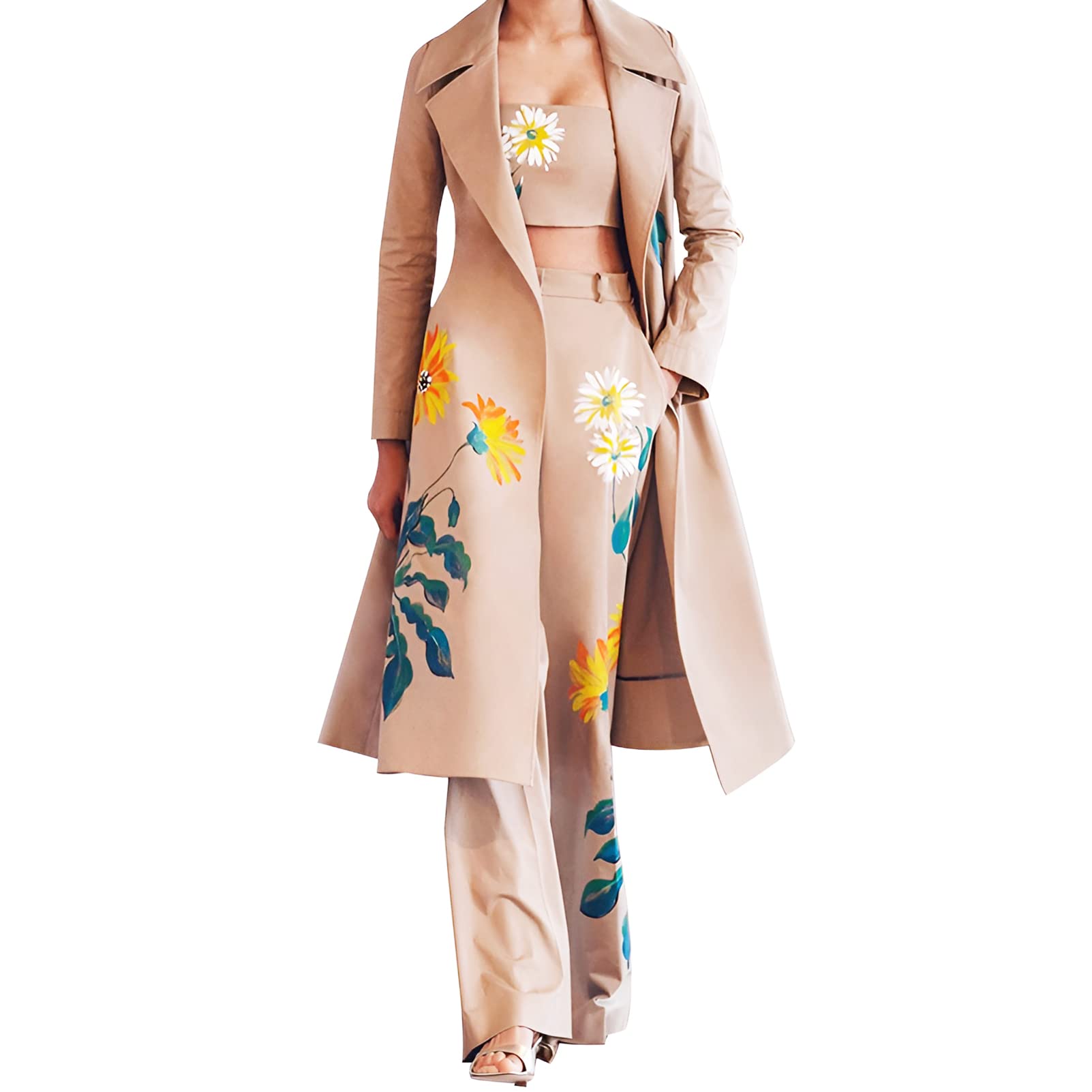 aromm 3 Piezas Trajes Elegantes para Mujer Floral Manga Larga Abrigo Crop Top Pantalones Campana Set