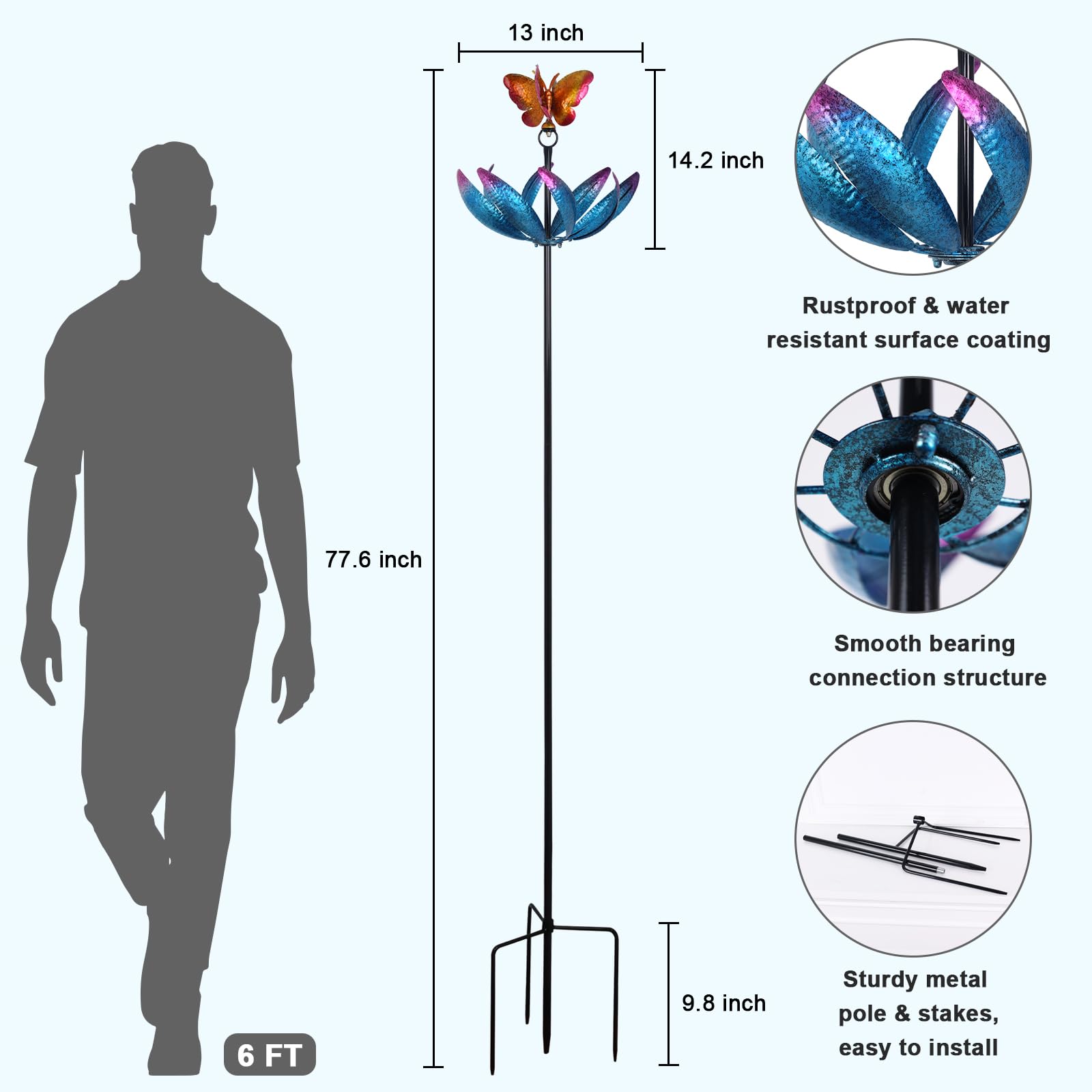 hogardeck Molinillo de Viento Grande para Exteriores, 197.1 cm de Metal, tulipán, Mariposa, tulipán, con estacas, Multicolor, rotación de 360°, esculturas cinéticas de Viento para el hogar, jardín,