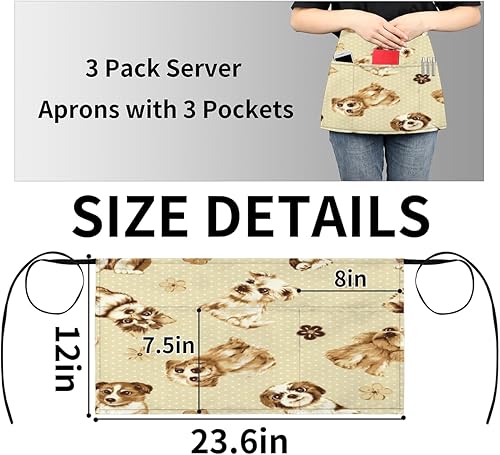 Miniatura 4 de KOBLEN Repeatable Cute Dog 3 Pack Server Aprons with 3 Pocket Waterproof Womens Half Waist Aprons for Cooking Dishwashing Kitchen Gardening Salon