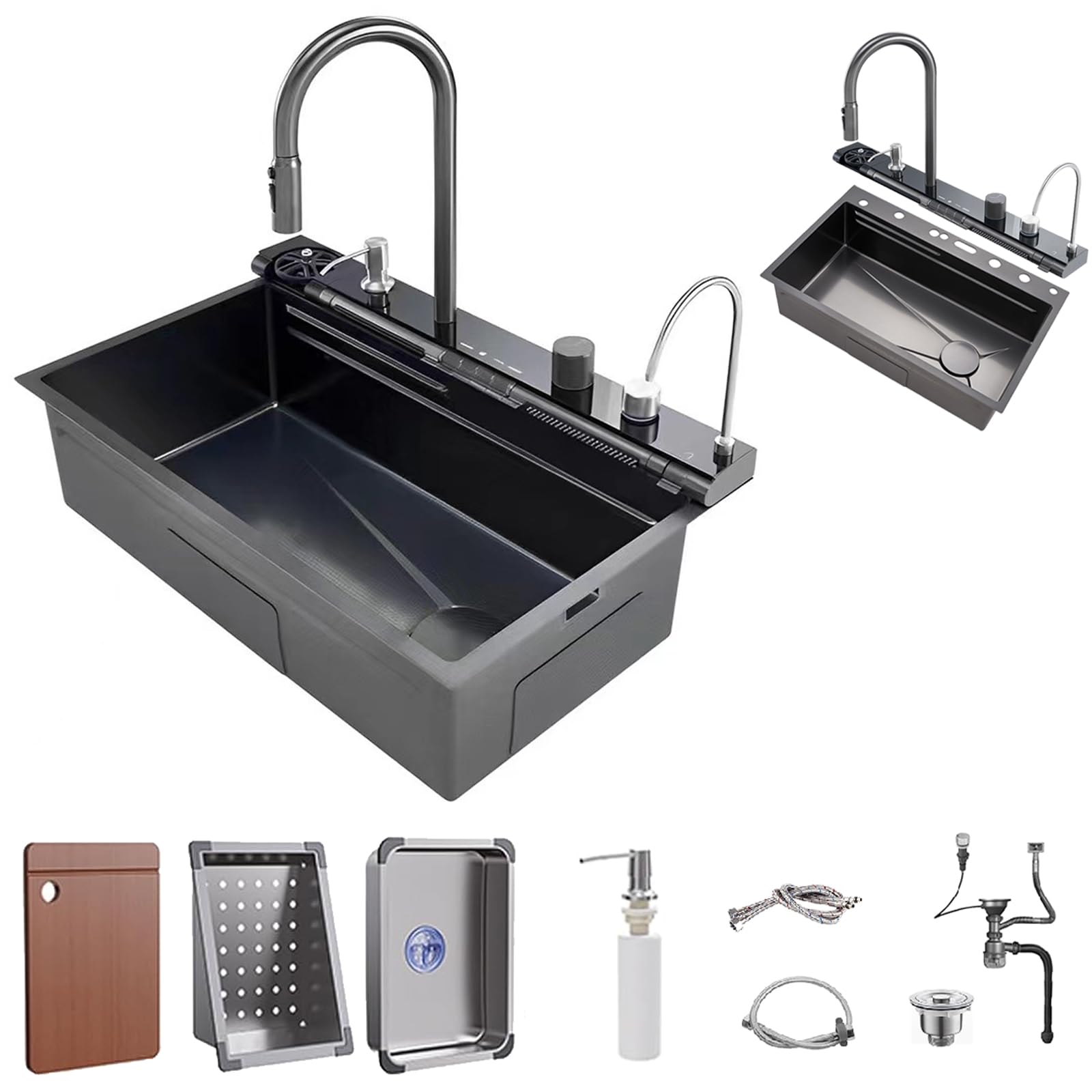 Single Bowl Modern Smart Sinks 32x18x9” Stainless Steel Kitchen Sink with Faucet & Cup Washer & Soap Dispenser Full Set Combo Battery-free Temperature Display Waterfall Kitchen Sink 32 Inch