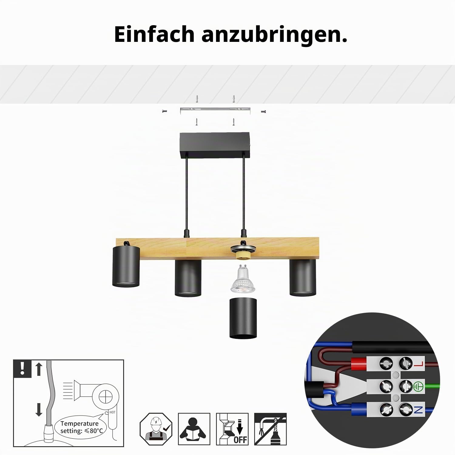 LVWIT Hängelampe Industrial Pendellampe 4 Flammig Hängend Schwarz, GU10 Deckenlampe Schwarz Holz, Wohnzimmerlampe, Lampe Flur, Esstisch Hängelampe Esstisch, Küchenlampe Hängend, Esszimmerlampe