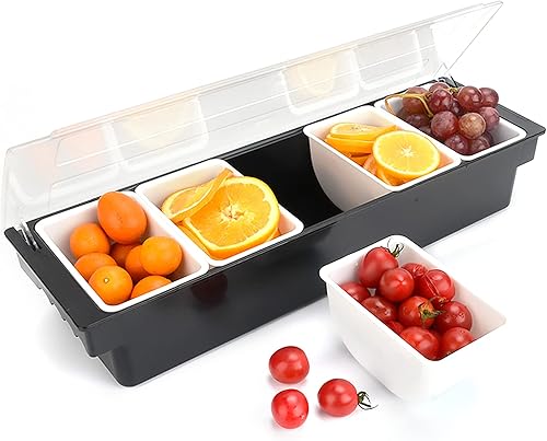 Dispensador de condimentos de 5 compartimentos, bandeja de comida refrigerada, barra de ensalada, plástico transparente, fácil de limpiar, adecuado