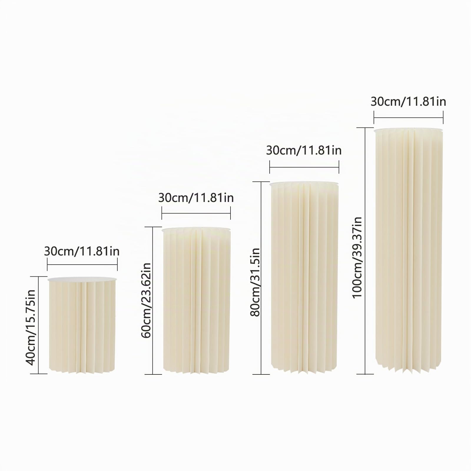 4er Set Blumenständer Faltbare Papier-Blumensäulen, Runde Karton Pflanzenständer Hintergrund Deko Hochzeitsvase mit Klare PVC-Platten, für Hochzeit Geburtstag Party, Weiß, 40/60/80/100cm