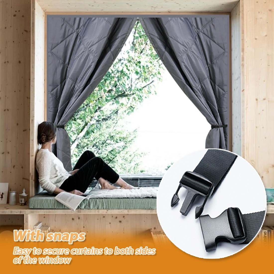 Winter-Fenster-Isolier-Set, transparente Thermovorhänge mit Riemen und Reißverschluss, energieeffiziente Fensterabdeckung für Schlafzimmer und Dachboden, Grau, 190 cm B x 90 cm H