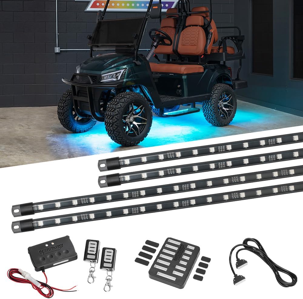 LEDGlow 4pc Million Color LED 4-Seater Golf Cart Underglow Accent Neon Lighting Kit Fits EZGO, Yamaha, Club Car, ICON, Evolution, Tomblerin, Star EV - for 12-Volt Battery - Water Resistant Flex Tubes