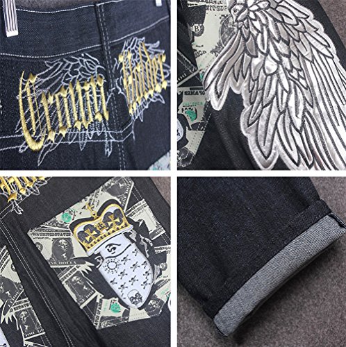 Qiboe Men's Vintage Hip Hop Wings Embroidery Baggy Loose Fit Jeans-40 Black #TOP4