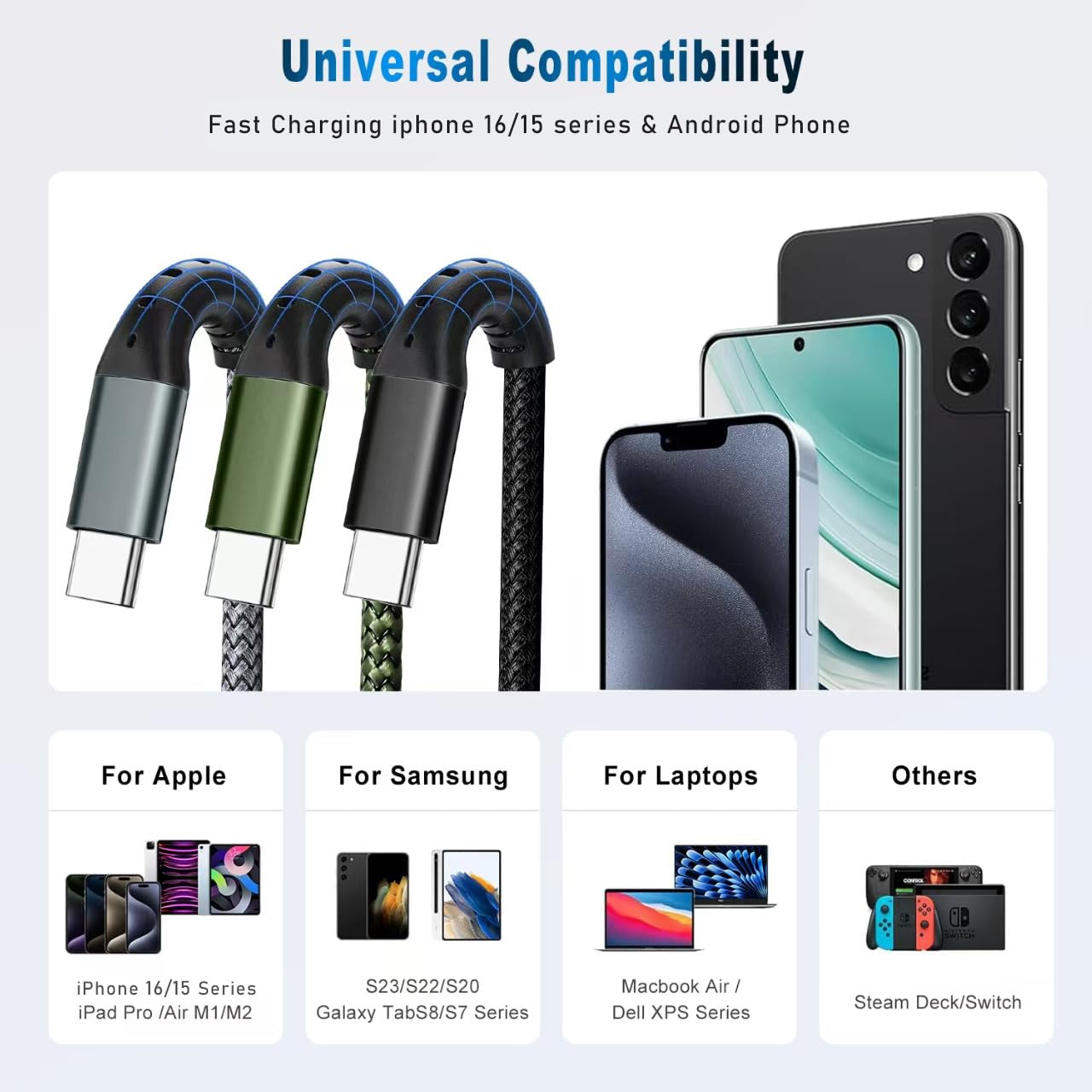 Paquete de 3 cables de carga rápida USB C de nailon trenzado tipo C a tipo C de 3 pies y 60 W para Samsung S23 Ultra/A14/S23/A54, iPhone 16/Pro Max, iPhone 15/Pro Max, Pixel 8 7, Redmi, iPad Pro | Compatible con Samsung, iPhone, Pixel, iPad, MacBook. Nail