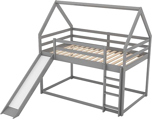 Miniatura 8 de Harper &amp; Bright Designs Literas individuales para niños, litera de madera de tamaño individual sobre individual, litera para niños con tobogán y