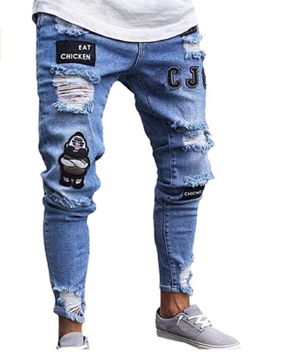 Harri Me Men's Blue 'S Ripped Distressed Destroyed Skinny Slim Fit Tapered Leg Stretch Denim Pants Jeans (, S)