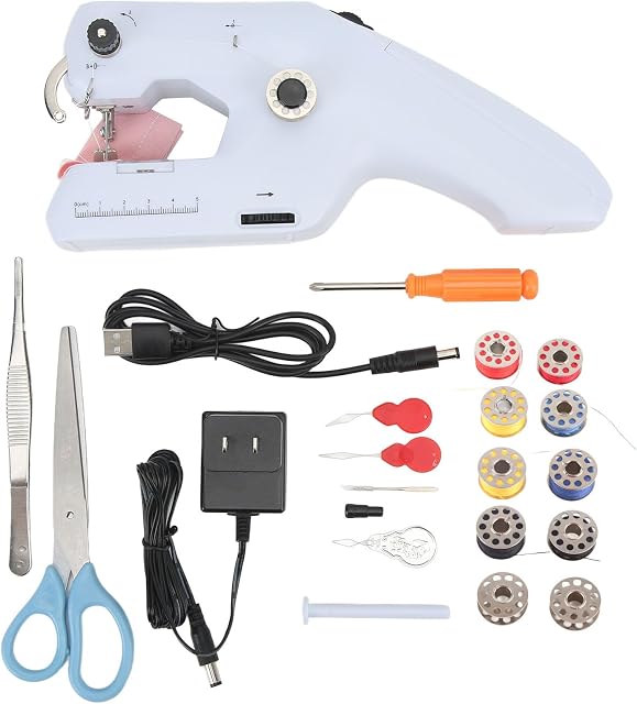 Hand Sewing Machine, Plastic Stainless Steel Handheld Electric Sewing Machine Just Press the Power Button to Use for Sewing Clothes DIY Cutains Family Travel 4 Aa Batteries (Battery Not Included)
