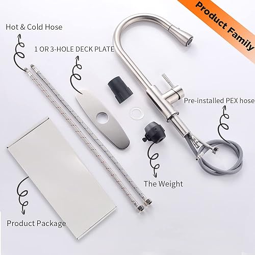 Miniatura 6 de Grifos de cocina de níquel cepillado con pulverizador extraíble grifo de fregadero de cocina con rociador extraíble montaje en cubierta de un solo