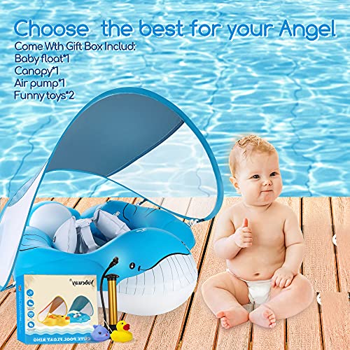 Yobeway Inflatable Baby Float With Canopy For Sun Protection, Safe Anti-Slip Bottom Support, Whale Tail Baby Swim Float Accessories With Air Pump & 2 Bath Pool Toys For 6-36M. #TOP7