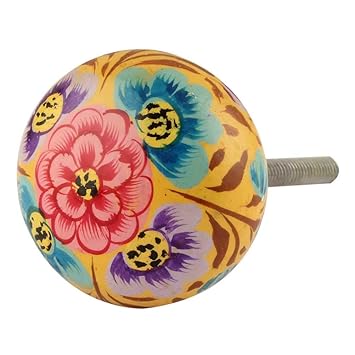 4 Pieces Kitchen Cabinet Knobs | Wooden Door Knobs for KidS Room | Red & Blue Dresser Pull | Round Flower Antique Drawer Handle | 3.55 cm Knobs