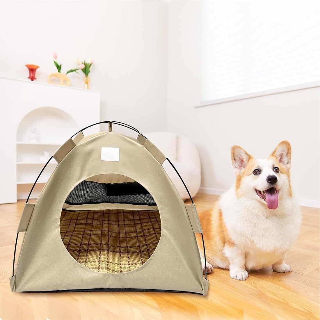BreezyDen Pop-Up Pet Tent, Portable Hideaway for Cats & Small Dogs, Cat Tents for Indoor Cats with Mesh Window, Waterproof, Cooling Mat, Breathable Mesh & Non-Slip Base, Fully Washable (Coffee,L)