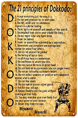 Biopracess 21 Principles Of Dokkodo Tin Sign Miyamoto Musashi Inspirational Motivational Metal Sign Retro Vintage Tin Sign Metal Poster Wall Art Decor 8x12 Inches
