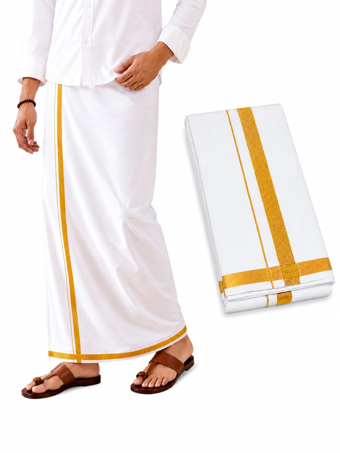 White Cotton Dhoti Golden Zari Border, 4.5 Meter for Mens, Veshti, Vetti, Pancha, Panche, Mundu, Dhotar, Laacha, Lacha, Pancha Kacham, Kalyana Veshti, Kasavu Mundu,Temple, Pooja, Pandit, Brahmin-picture-32