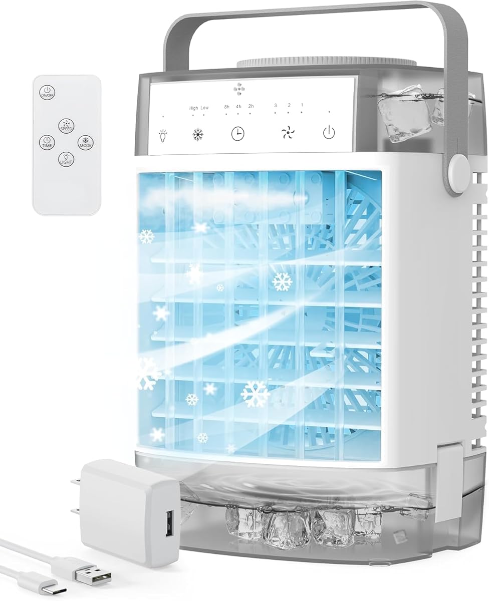 Portable Air Conditioners, Air Cooler with Remoter Evaporative Personal Mini AC, 3 Wind Speed, 2-4-8H Timer, 3 Modes, Colorful Night Light, Portable AC for Room, Car, Bedroom, Camping