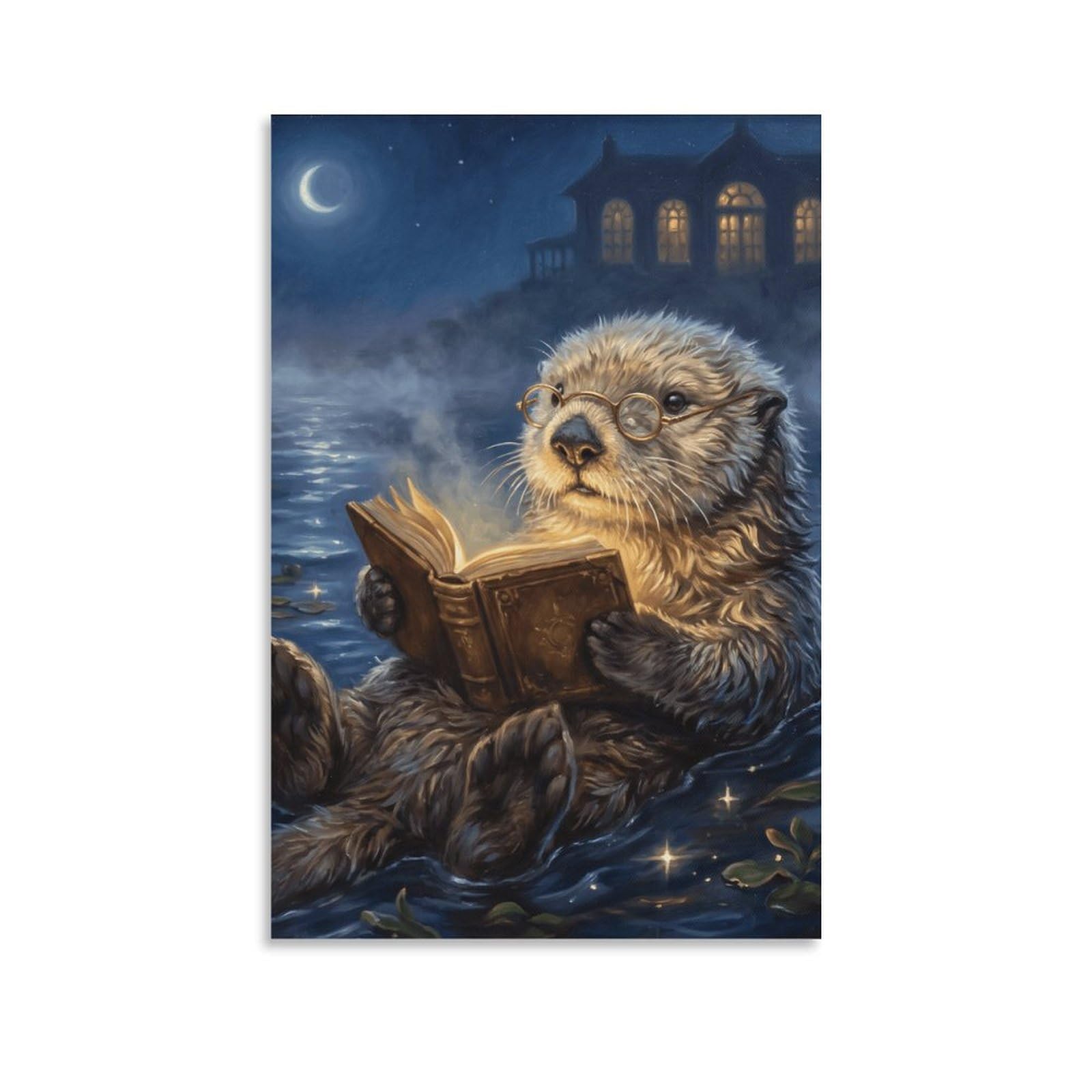 W7C8U2X3 Moonlit Reading Otter Canvas Wall Art, Cozy Reading Wall Art