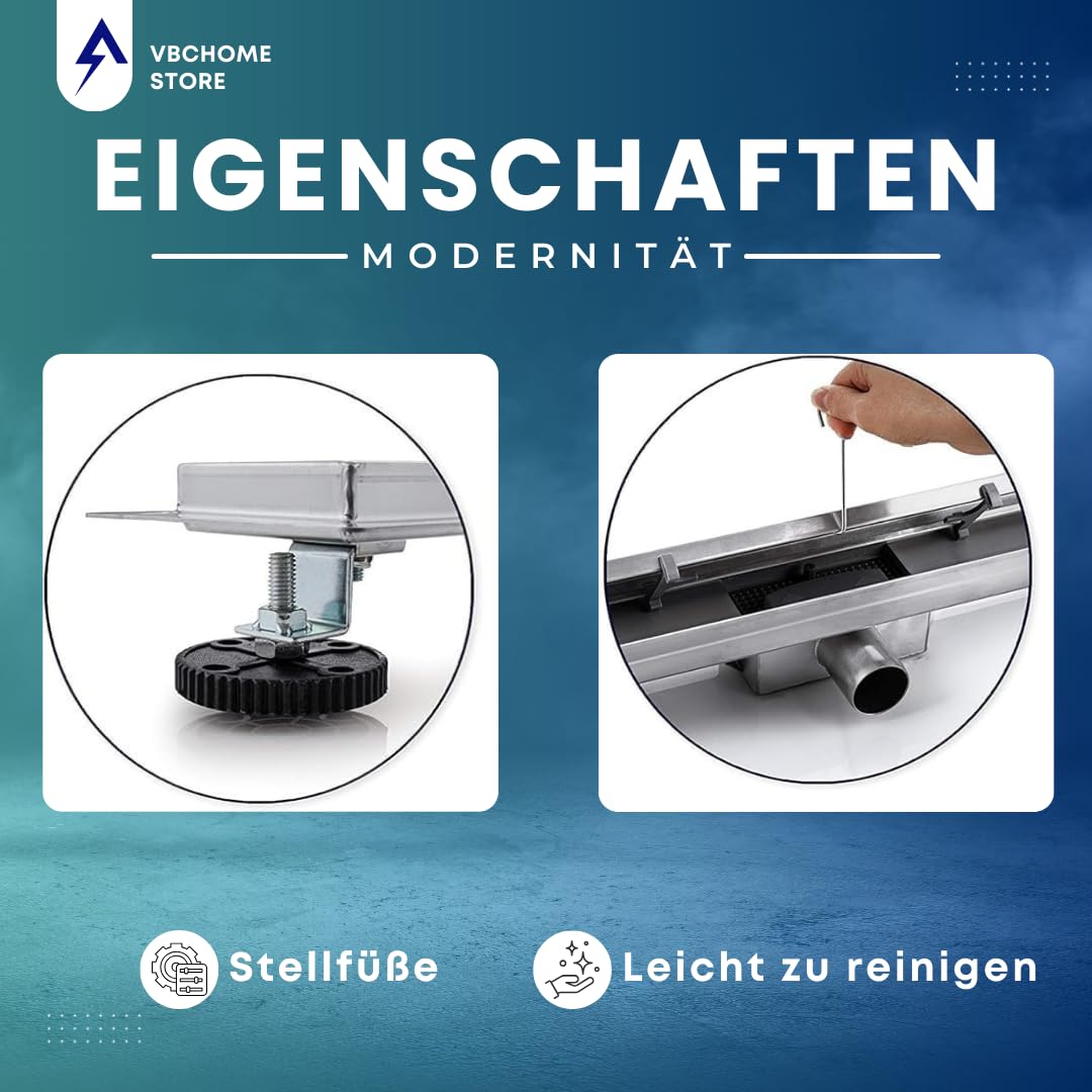 VBChome Duschrinne 70 cm Edelstahl – Selbstreinigender Siphon, Geruchsstop, Sehr Flach, Komplettset für die Dusche