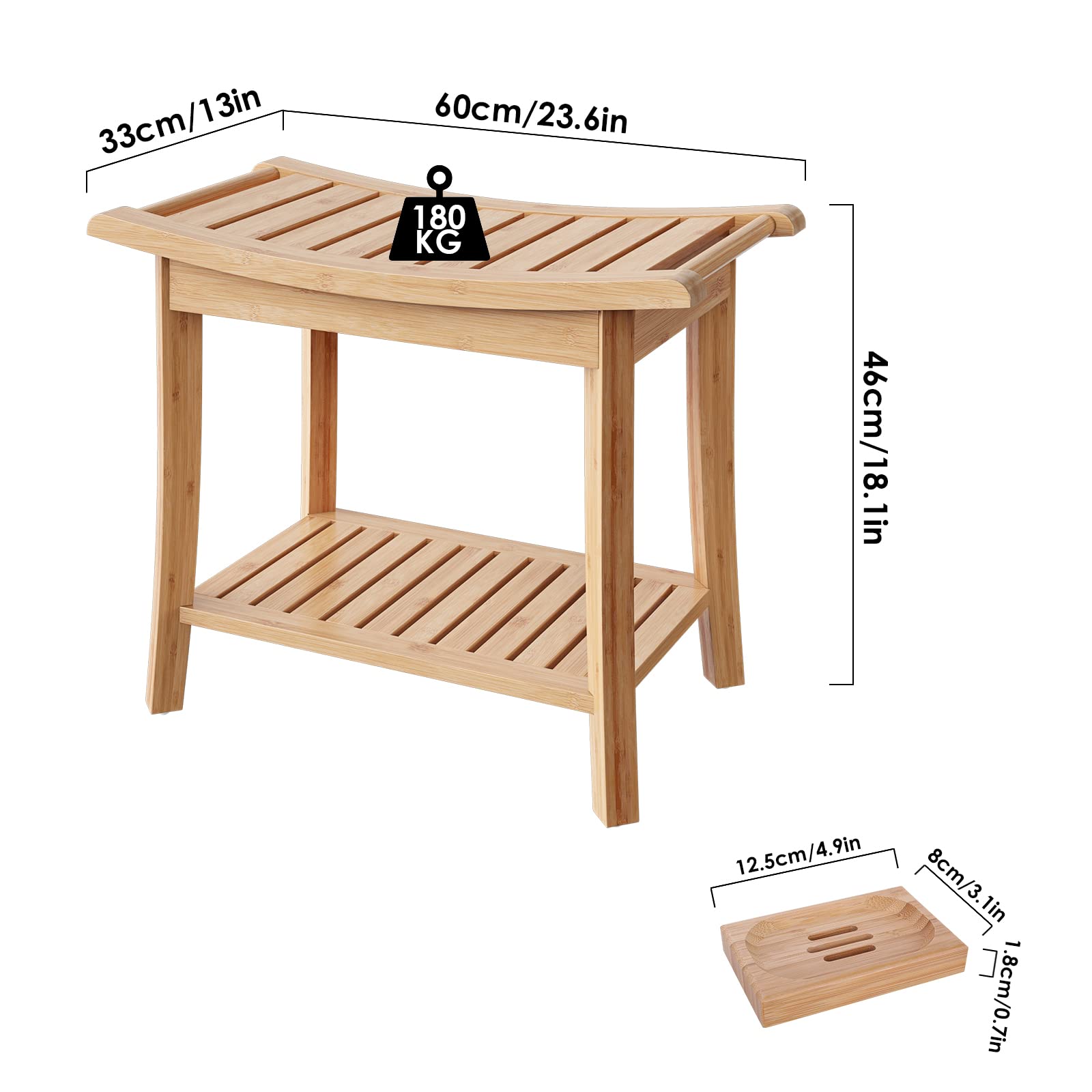 HOCSOK Sgabello, Mobiletto da Bagno in Bambù, Sgabello Poggiapiedi, adatto per Bagno, Giardino, Balcone, Naturale, 60x33x46cm