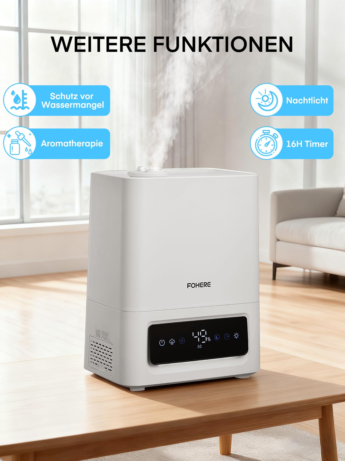 FOHERE 6L Luftbefeuchter, 60H Kaltnebel, 28dB leise, 16H Timer, Aromadiffusor, Weiß