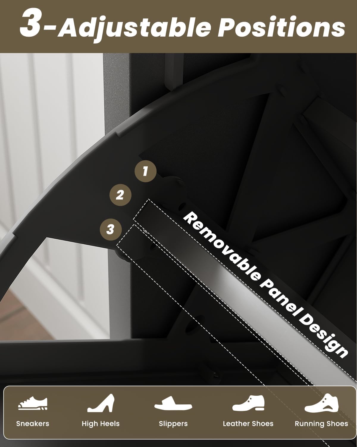 Close-up of a flip drawer showing the removable panel with three adjustable positions, labeled 1, 2, and 3. Icons below indicate suitability for sneakers, high heels, slippers, leather shoes, and running shoes.