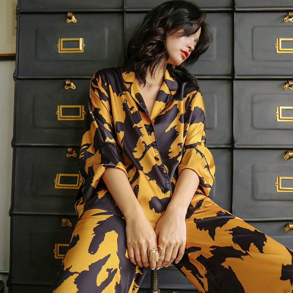 Pijamas De Mujer,Conjunto De Pijama De Satén De Seda Para Mujer,Ropa De Dormir De Primavera Y Verano,Estampado Abstracto,Manga 3/4,Dorado,Negro,Se Puede Usar Al Aire Libre,Ropa De Dormir,Ropa De Dor
