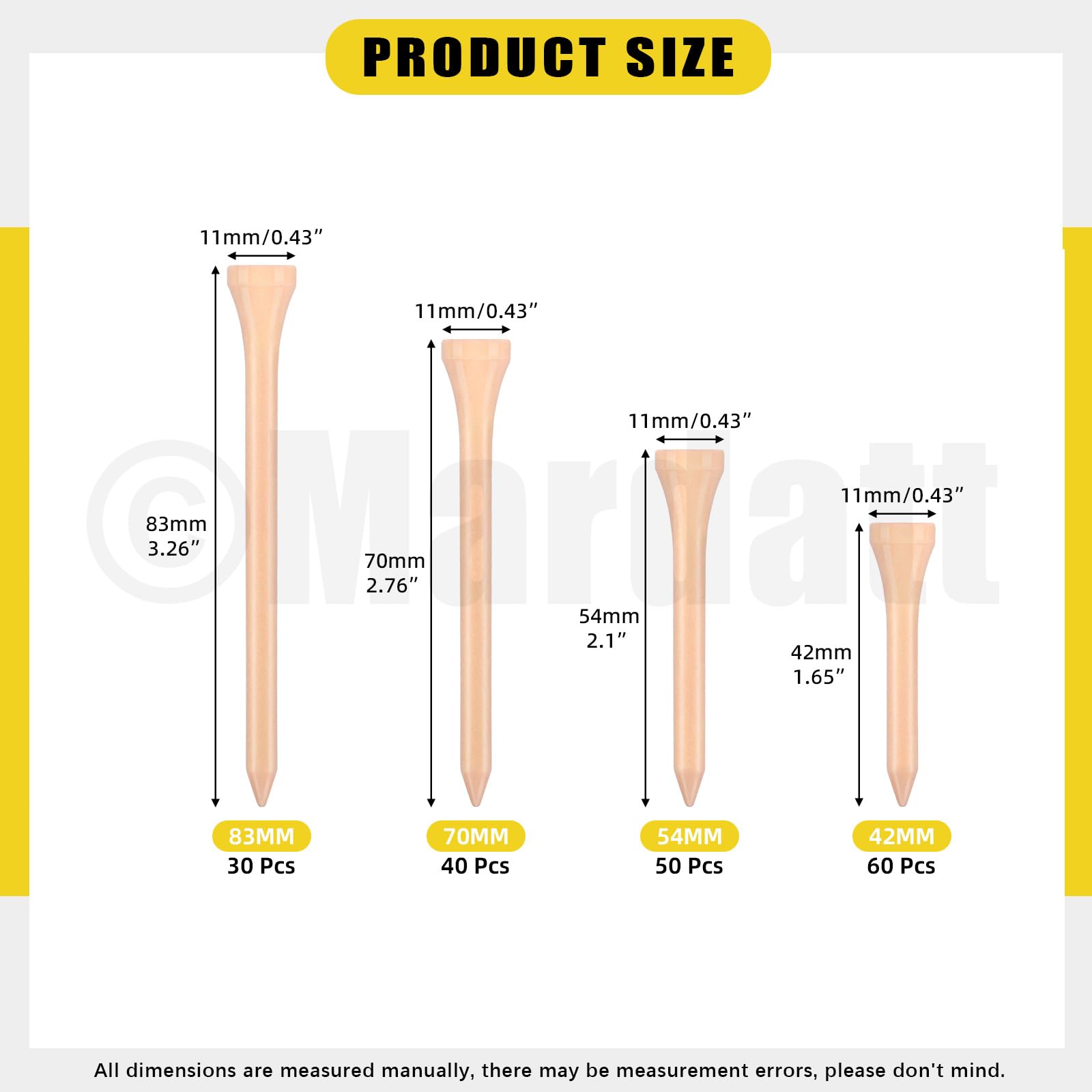 Mardatt 180Pcs Golf Tees, 1-3/5"(42mm), 2-1/8"(54mm), 2-3/4"(70mm), 3-1/4"(83mm) Bamboo Golf Tees - Image 2