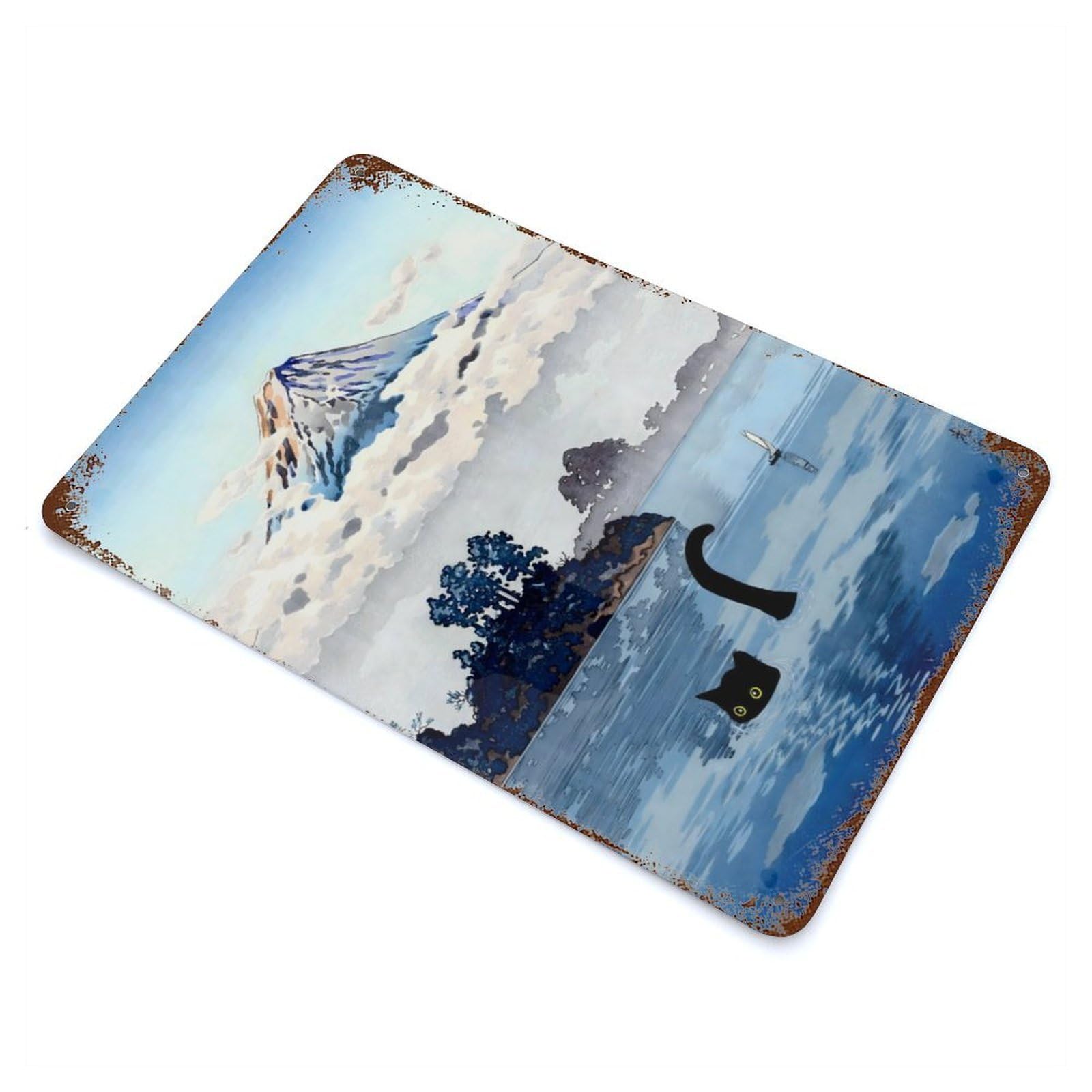 Black Cat Lake Kawaguchi 11.8"x7.9" Aged Metal Wall Plaque, Retro Wall Decor for Farmhouse, Kitchen And Entryway Decor